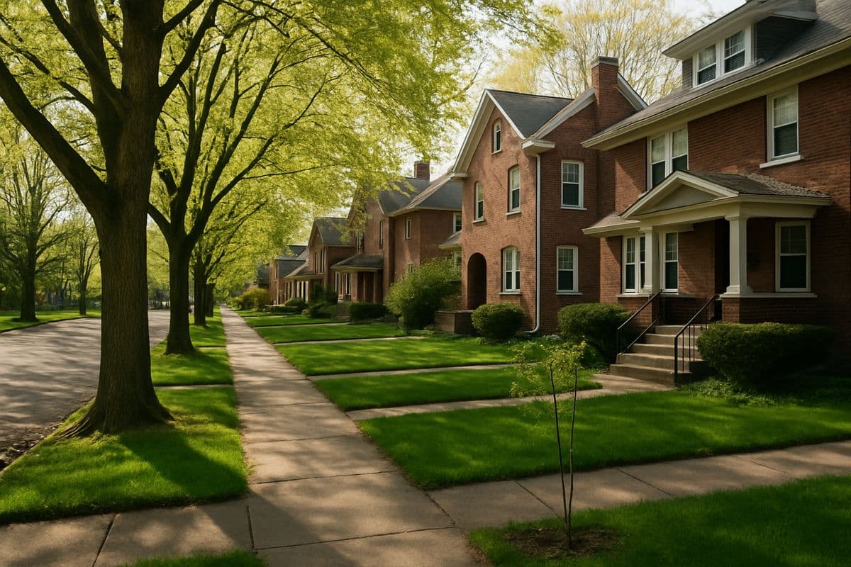 Leafy residential street in Brighton, NY
