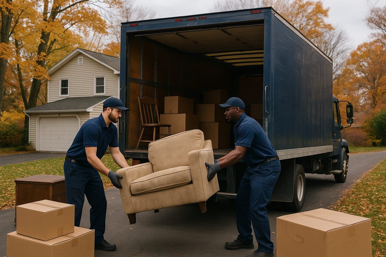 Junk removal crew loading furniture into a truck