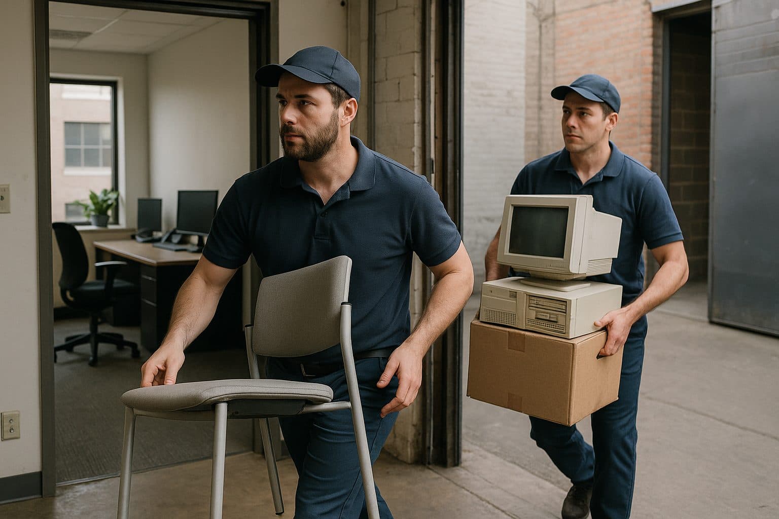 Movers removing old office furniture and equipment from a business